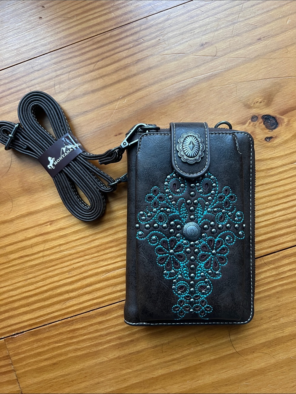 Montana West Embroidered Western Crossbody Phone Wallet Bag Brown Turquoise NWOT